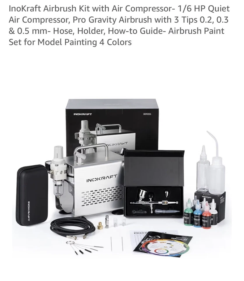 NEW InoKraft Airbrush Air Compressor 1/6 HP Quiet with Accessories And 30 Paints - Image 1 of 4