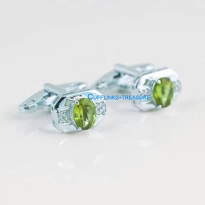 Natural Peridot & CZ Gemstones with 925 Sterling Silver Cufflinks for Men's #789 - Picture 1 of 3