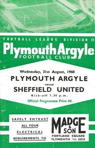 PLYMOUTH ARGYLE V SHEFFIELD UNITED ~ 31 DE AGOSTO DE 1960 ~ PROGRAMA DE SEGUNDA DIVISIÓN - Imagen 1 de 1