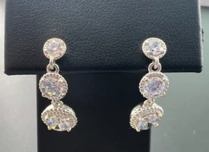 PANDORA ALE 925 STERLING SILVER 3 STONE CLEAR CZ POST DROP DANGLE EARRINGS - Picture 1 of 7
