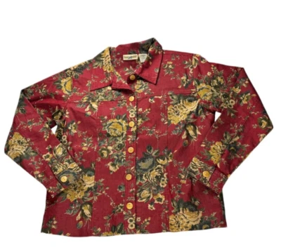 Camisa TravelSmith gola alta manga longa vermelha floral feminina tamanho pequeno - Imagem 1 de 4