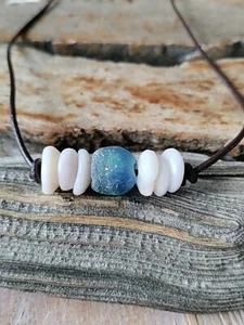 Puka Shell Necklace Chunky Powder Glass Blue Adjustable BEACH Men Women Teen - Picture 1 of 5