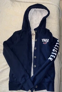 Hollister Sherpa Lined Hoodie Jacket, Navy Blue Button Down, Youth Teen XS - Picture 1 of 8