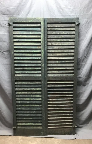 Pair Antique Wood Window Louvered Shabby Green Shutters 18x63 VTG Old 1796-22B Cover