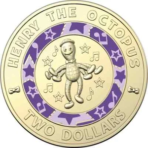 Wiggles Purple Henry the Octopus 2021 Two Dollar $2 Coloured Coin Australia CIRC - Picture 1 of 13