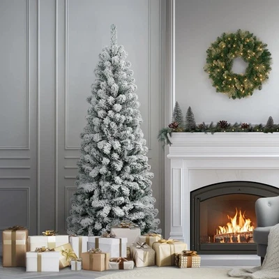 6 Ft Artificial Snow Flocked Slim Christmas Tree With  Foldable Base - Image 1 of 4