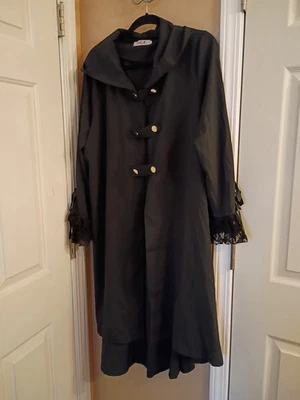 Black Gothic Medieval Witch Hooded Cloak Long Sleeve Ruffled Lace Back Snaps WL - Image 1 of 4