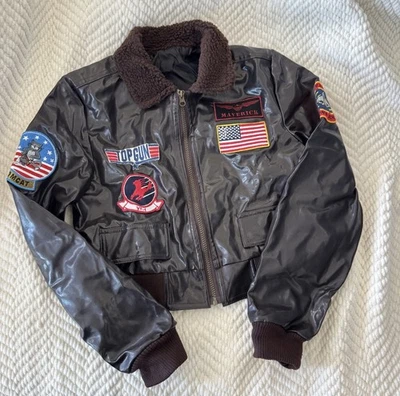 Chaqueta de bombardero Leg Avenue Top Gun Maverick imitación cuero marrón niños L/G Foto 1 de 4