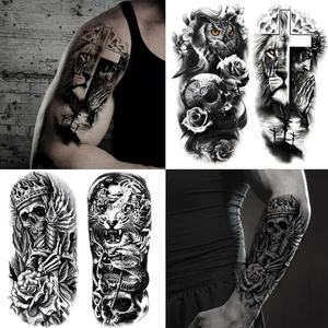 82 Sheets Temporary Tattoos for Men & Women – 3D Half Sleeve Black Lion Wolf - Picture 1 of 6