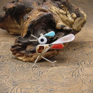 Jaunty Roadrunner Multi Stone Zuni Inlay Pin Pendant - Picture 1 of 5