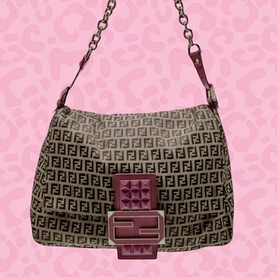 FENDI Mamma Baguette Zucca Canvas Shoulder Bag – Pink Leather Strap Limited - Image 1 of 4