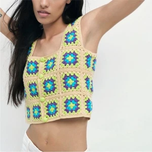 ZARA Crochet Knit Top Women’s size Medium Multicolor granny square cropped tank - Picture 1 of 10