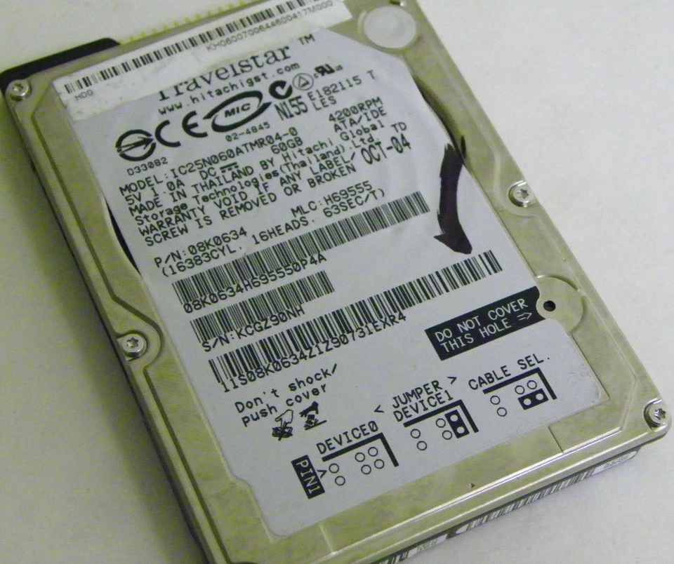 60GB Hitachi IC25N060ATMR04-0 Laptop IDE Hard Drive P/N 08K0634 MLC: H69555 - Image 1 of 1