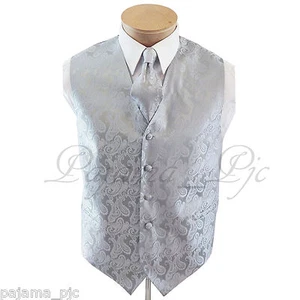 New Men's Silver Paisley Tuxedo Suit Dress Vest Waistcoat & Neck tie wedding - Picture 1 of 5