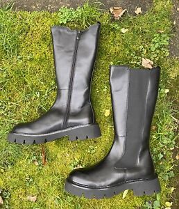 Marco Tozzi RRP£110 UK4/37 Black 25643 Leather Knee High Boots Side Zip/Elastic