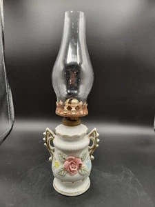Vintage Hand Painted Ceramic Floral Mini Oil Lamp Glass Shade Japan - Picture 1 of 6