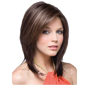 Peluca de pelo corto marrón Bob peluca de separación lateral hasta el hombro peluca sintética ombre - Imagen 1 de 5