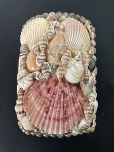 VTG Seashell Trinket  Box Blue Velvet Lined Beach  Shells Tramp Art 1970s L - Picture 1 of 4
