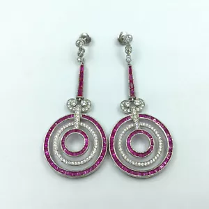 Gorgeous Antique Design Pink Ruby With White Cubic Zirconia Art Deco Earrings - Picture 1 of 6