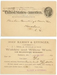 1897 Baltimore Maryland Ramsey & Effinger Wooden and Willow Ware to Kershaw SC - Picture 1 of 1