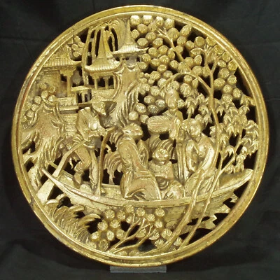 Carved Gilt Wood Panel 3D Chinese Boat Landscape Antique Vintage 20thC 34cm A/S - Image 1 of 4