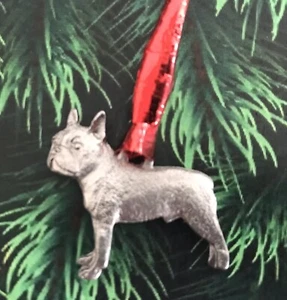 Pewter BOSTON TERRIER Dog Puppy Silver Metal Figurine Christmas Tree Ornament E - Picture 1 of 2