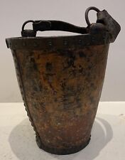 Antique Vintage Riveted Leather Fire Peat Bucket Iron Hoops Brass Top Band