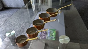 Antique Tin Lined Brass Riveted Handled Copper Saucepans Set of Five Graduated - Picture 1 of 22