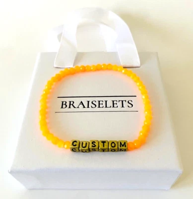 Pulsera con nombre personalizado 4 mm cuentas de cristal naranja neón letra dorada palabra joyería regalo Foto 1 de 4