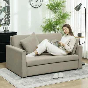HOMCOM 2 Seater Sofa Bed Convertible Bed Settee w/ 2 Cushions Light Brown - Picture 1 of 7