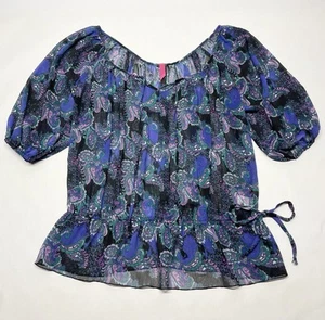 Multi Paisley Sheer Peplum Balloon Sleeve Blouse Size L Peasant Cottagecore Boho - Picture 1 of 24