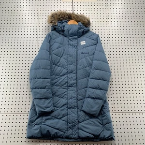 Marmot Down Puffer Coat Womens Large Blue Storm Cloud Long Hooded 20X33 - Picture 1 of 15