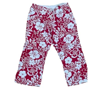 Vintage Y2K Kids 10 Pull On Red White Floral Hawaiian Print Lightweight Pants - Picture 1 of 7