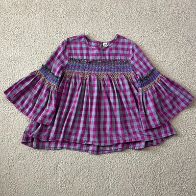 Top de mujer Ivy Jane rosa gris a cuadros con volantes mangas de campana talla pequeña Foto 1 de 4