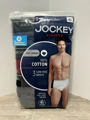 Paquete de 3 calzoncillos Jockey clásicos 100 % algodón tiro bajo nuevos para hombre azul rojo gris talla 40 Foto 1 de 3