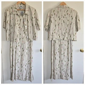 Vintage Linen Blend Summer Dress With Button Up Shirt Beige 10 90's Floral - Picture 1 of 12