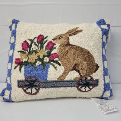 Peking Handicraft Hooked Bunny Rabbit Flower Cart Pillow Accent Home Decor - Image 1 of 4