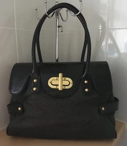 Juno women's large black faux patent leather & fabric tote bag. - Picture 1 of 11