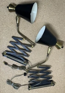 Pair Vintage Mid Century Modern Accordion Scissor Wall Lamp Light Black - Picture 1 of 5
