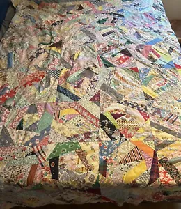 Antique Vintage Crazy Quilt C1930’s Hand Made W/ Twin Knots 81” X 73” - Picture 1 of 9
