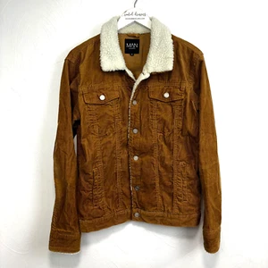 Boohoo Man Coat Corduroy Brown Button Up Jacket Sherpa Collar Long Sleeve Mens M - Picture 1 of 5