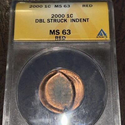 2000 lincoln cent error ANACS Ms63 Red Broad & Double Struck Indent - Image 1 of 4