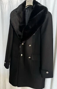 NWT NETWORK MENS BLACK TOPCOAT Size 48 FUR DETACHABLE COLLAR SILVER BUTTONS - Picture 1 of 17