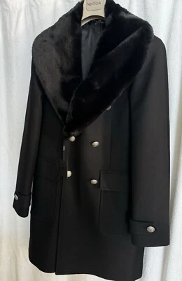 NWT NETWORK MENS BLACK TOPCOAT Size 48 FUR DETACHABLE COLLAR SILVER BUTTONS - Image 1 of 4