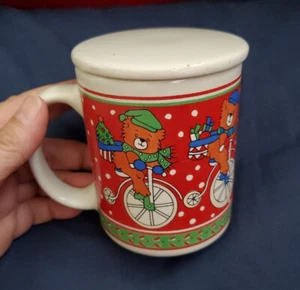 Lidded Christmas Bears On Bikes Mug Cup Coffee Tea Vintage - Picture 1 of 10
