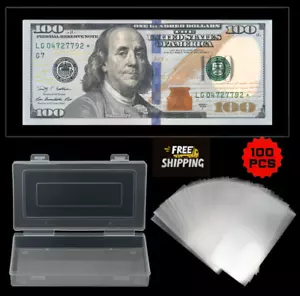 100PCS Premium Clear Paper Money Sleeves & Plastic Storage Case US Dollar Bills - Picture 1 of 4