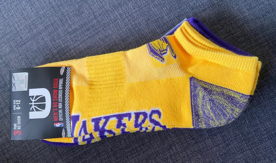 NBA La Lakers No Show Socks 3-pack Yellow Purple Gray Size Large