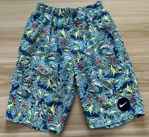 Boys Nike Swim Trunks Shorts XL 13-15 Years Blue Lined "Shark Party" Swoosh EUC - Picture 1 of 8