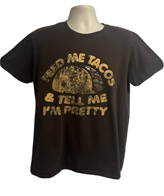 Womens Brown Graphic Novelty Funny T-Shirt Large Feed Me Tacos Cotton Stretch - Image 1 of 4