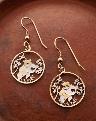 Panda Bear Earrings. Chinese Coin Hand cut - 5/8''dia. 14K G/F Wires ( # 364E ) - Image 1 of 4